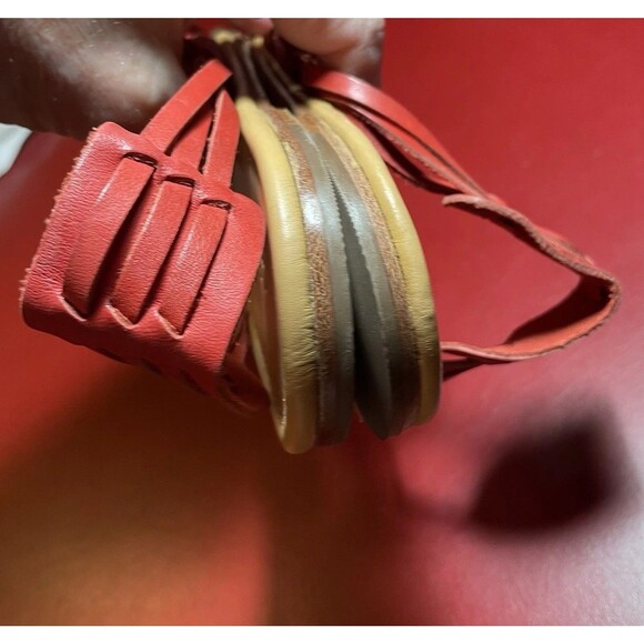 L.L.Bean Sandals Womens 7M Red Leather Flat Tassel Slingback Bow Artsy Boho - Picture 8 of 9